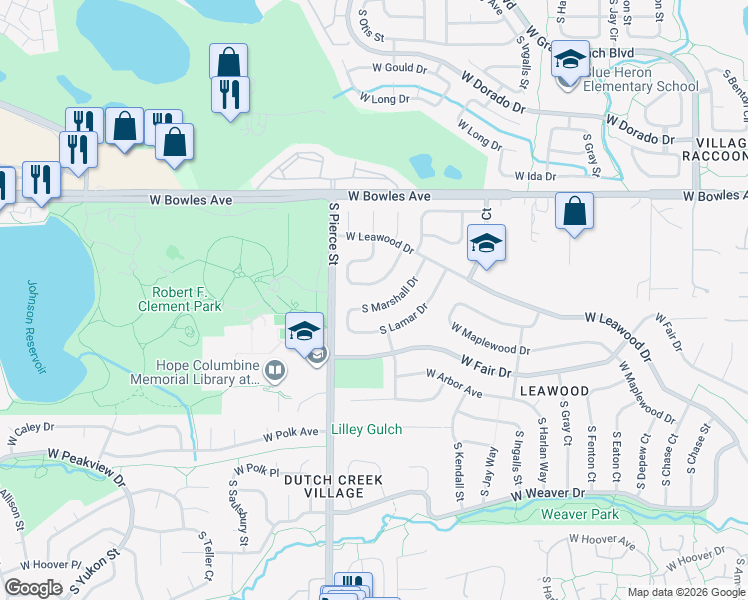map of restaurants, bars, coffee shops, grocery stores, and more near 6078 South Marshall Drive in Littleton