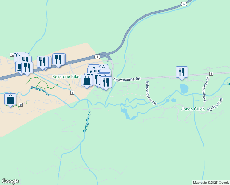 map of restaurants, bars, coffee shops, grocery stores, and more near 1-99 Hunkidori Court in Dillon