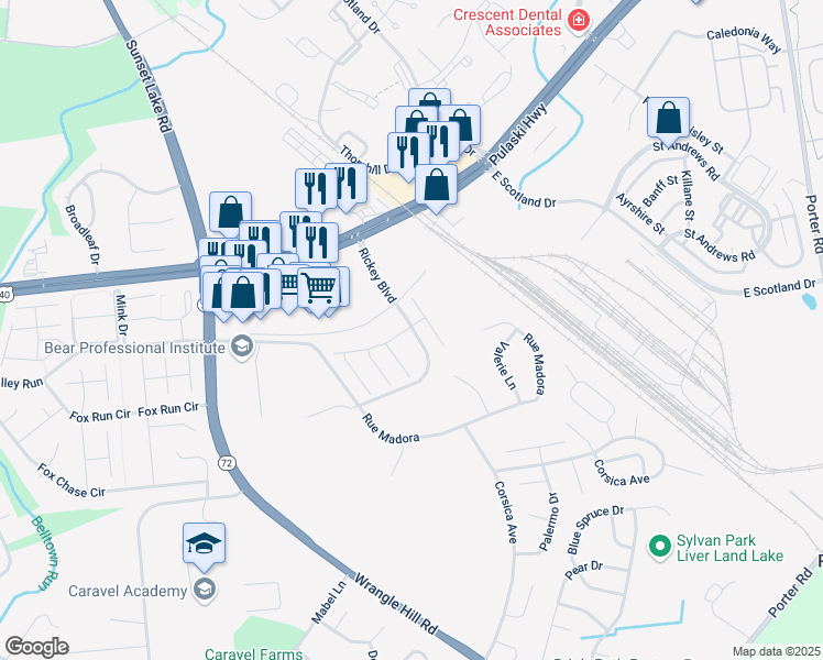 map of restaurants, bars, coffee shops, grocery stores, and more near 501 Victoria Drive in Bear