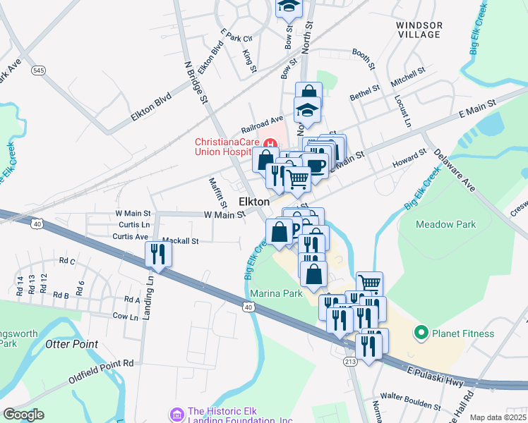 map of restaurants, bars, coffee shops, grocery stores, and more near 103 South Bridge Street in Elkton