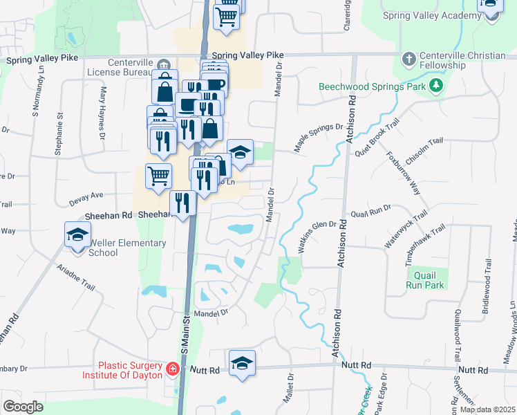map of restaurants, bars, coffee shops, grocery stores, and more near 432 Jamestown Circle in Dayton