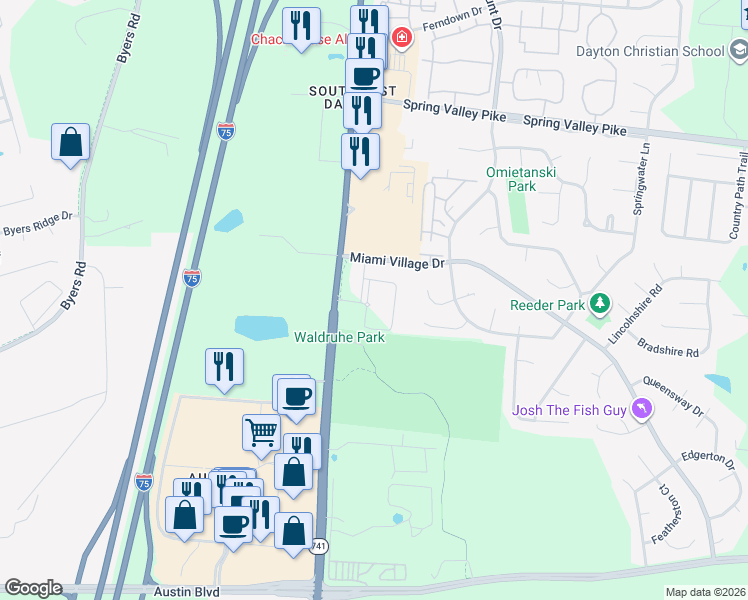 map of restaurants, bars, coffee shops, grocery stores, and more near 9954 North Springboro Pike in Miamisburg