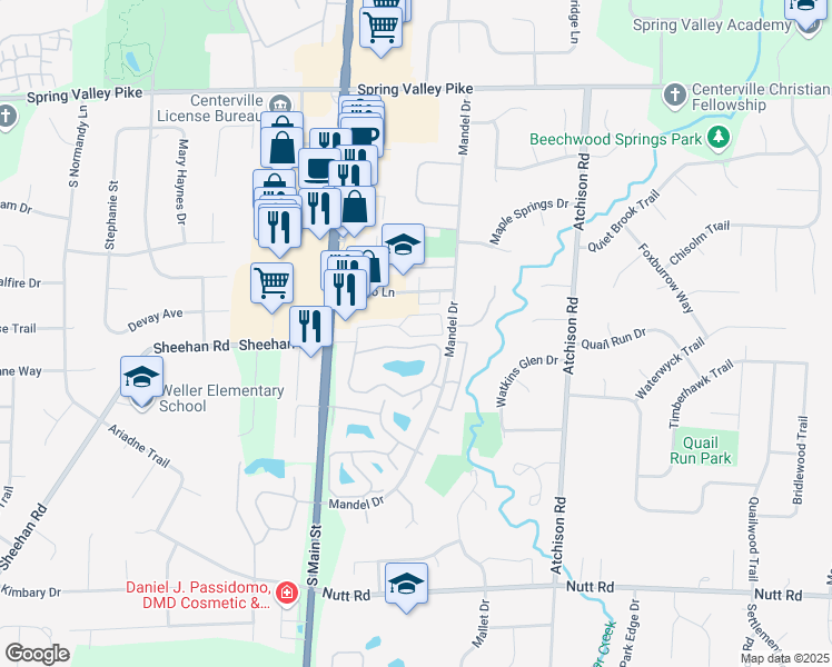 map of restaurants, bars, coffee shops, grocery stores, and more near 432 Jamestown Circle in Dayton