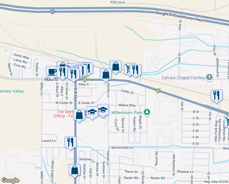 map of restaurants, bars, coffee shops, grocery stores, and more near 335 East Cedar Street in Fernley