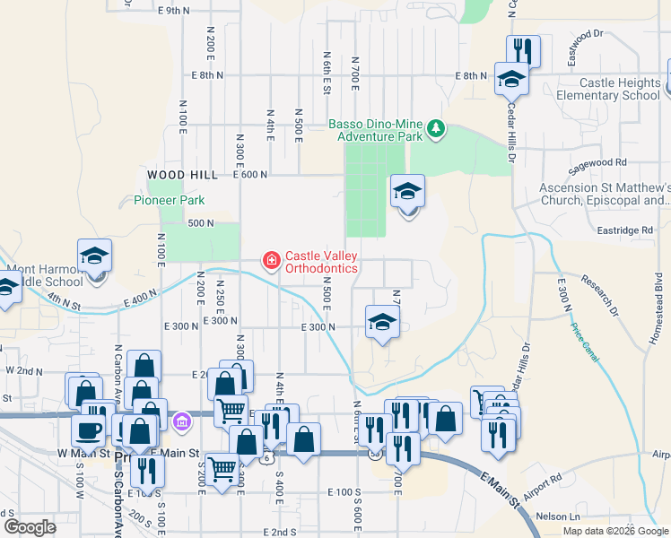 map of restaurants, bars, coffee shops, grocery stores, and more near 371 North 6th East Street in Price