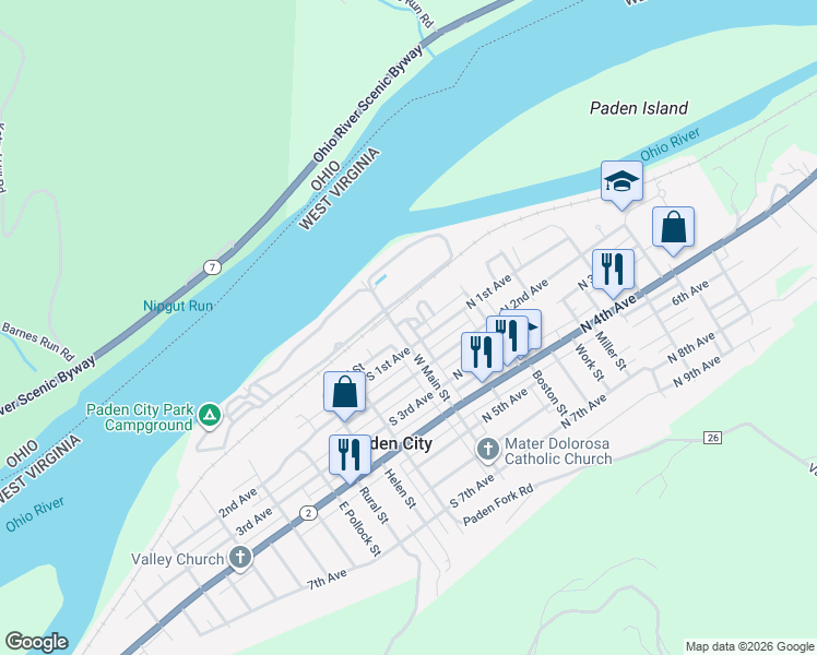 map of restaurants, bars, coffee shops, grocery stores, and more near North 1st Avenue in Paden City