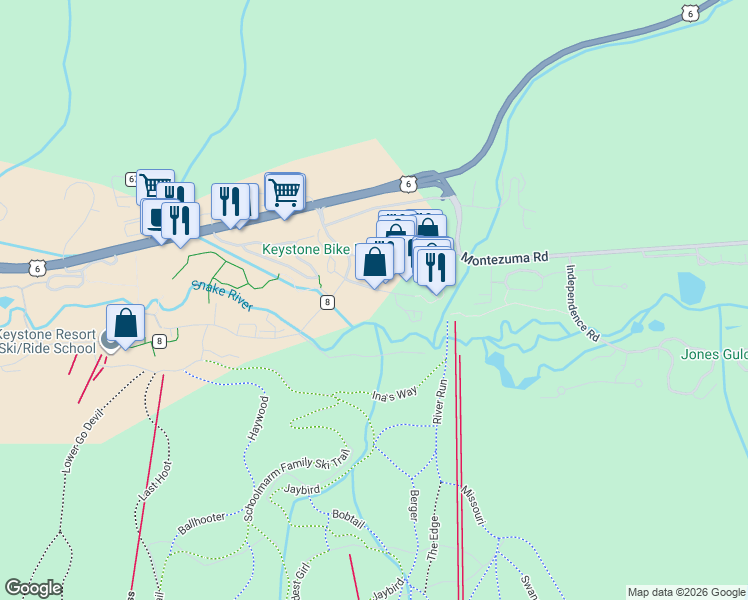 map of restaurants, bars, coffee shops, grocery stores, and more near 74 River Run Road in Dillon