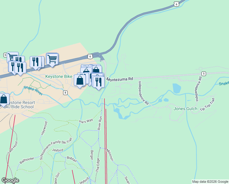 map of restaurants, bars, coffee shops, grocery stores, and more near 1-99 Hunkidori Court in Dillon