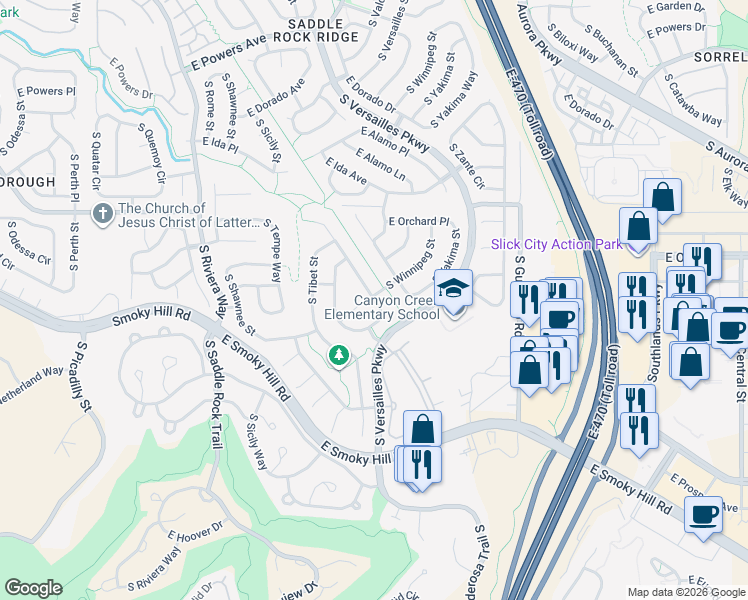 map of restaurants, bars, coffee shops, grocery stores, and more near 6059 South Ukraine Street in Aurora