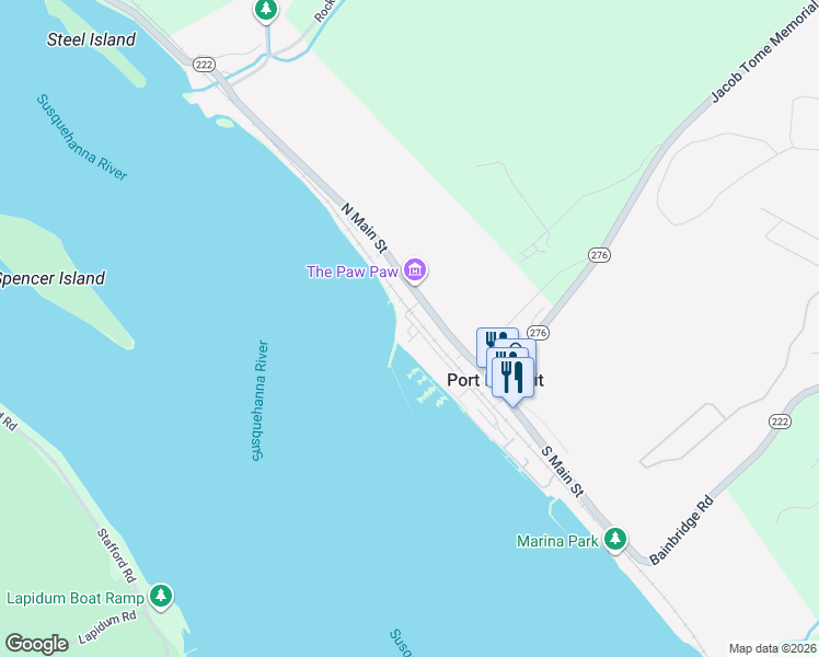 map of restaurants, bars, coffee shops, grocery stores, and more near 100 Rowland Drive in Port Deposit