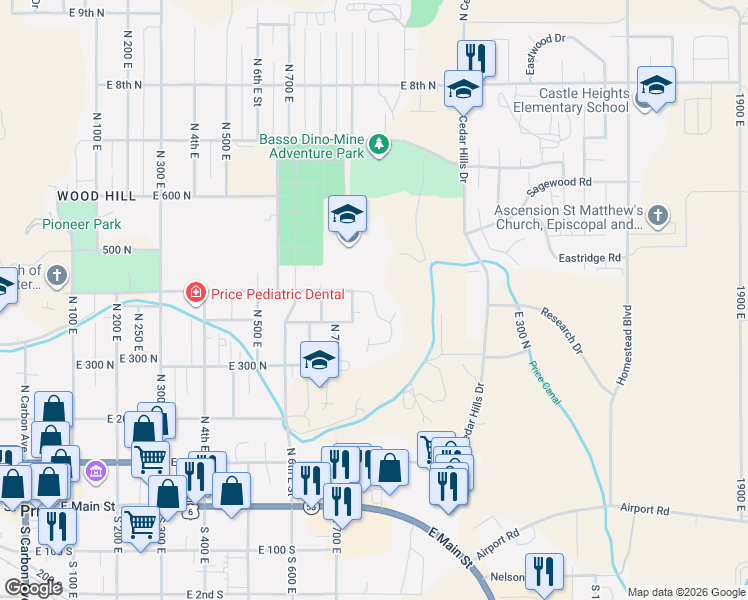 map of restaurants, bars, coffee shops, grocery stores, and more near 380 Crestview Drive in Price
