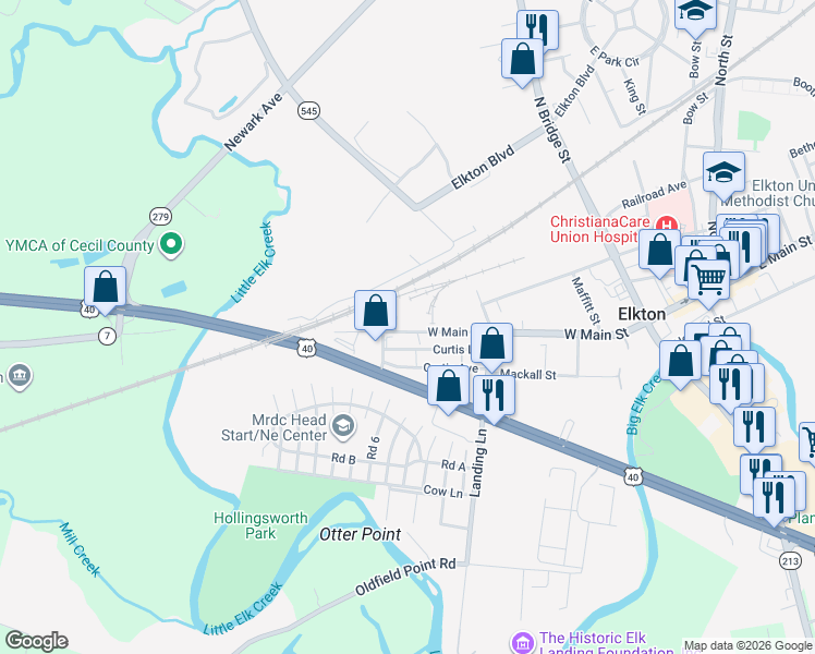map of restaurants, bars, coffee shops, grocery stores, and more near 364-368 West Main Street in Elkton