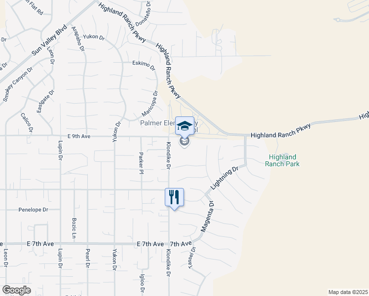 map of restaurants, bars, coffee shops, grocery stores, and more near 5890 Klondike Drive in Sun Valley