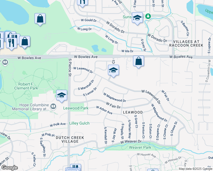 map of restaurants, bars, coffee shops, grocery stores, and more near 6341 West Maplewood Place in Littleton