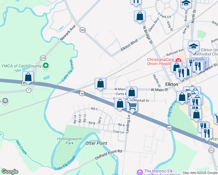 map of restaurants, bars, coffee shops, grocery stores, and more near 359 West Main Street in Elkton