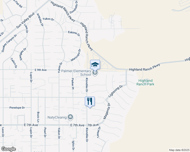 map of restaurants, bars, coffee shops, grocery stores, and more near 5890 Klondike Drive in Sun Valley