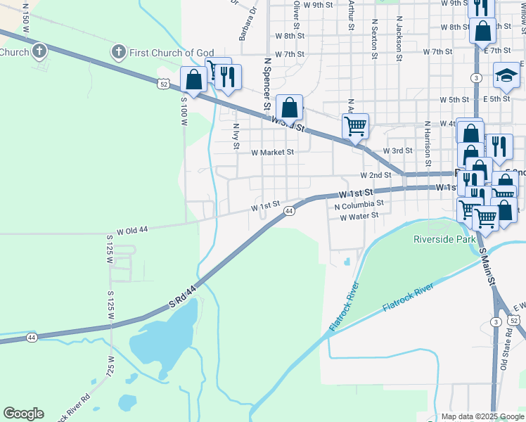 map of restaurants, bars, coffee shops, grocery stores, and more near 1001 West 1st Street in Rushville