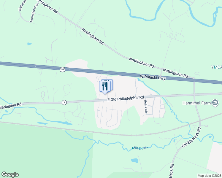 map of restaurants, bars, coffee shops, grocery stores, and more near 1841 East Old Philadelphia Road in Elkton