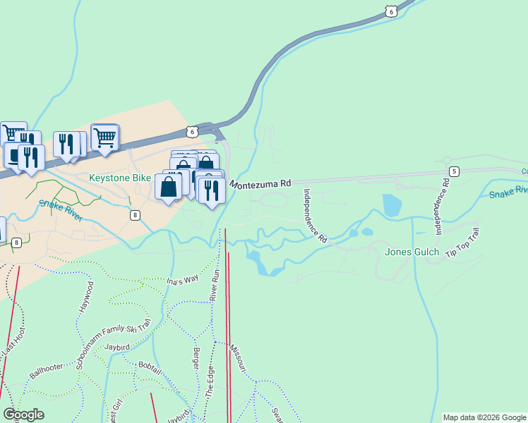map of restaurants, bars, coffee shops, grocery stores, and more near 0020 Hunkidori Court in Dillon