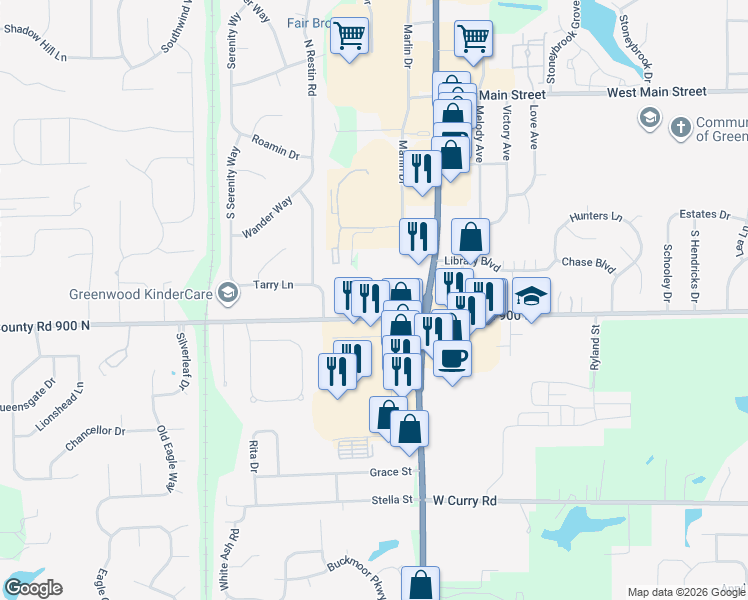map of restaurants, bars, coffee shops, grocery stores, and more near 3136 West Smith Valley Road in Greenwood