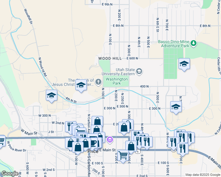 map of restaurants, bars, coffee shops, grocery stores, and more near 126 East 400 North in Price