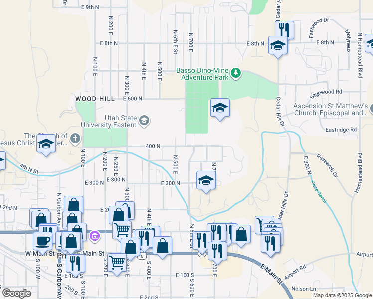map of restaurants, bars, coffee shops, grocery stores, and more near 556 East 400 North in Price