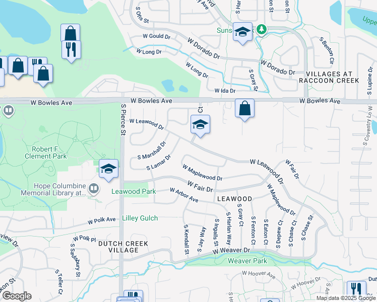 map of restaurants, bars, coffee shops, grocery stores, and more near 6341 West Maplewood Place in Littleton