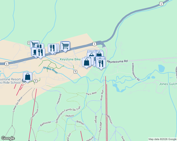 map of restaurants, bars, coffee shops, grocery stores, and more near 74 River Run Road in Dillon