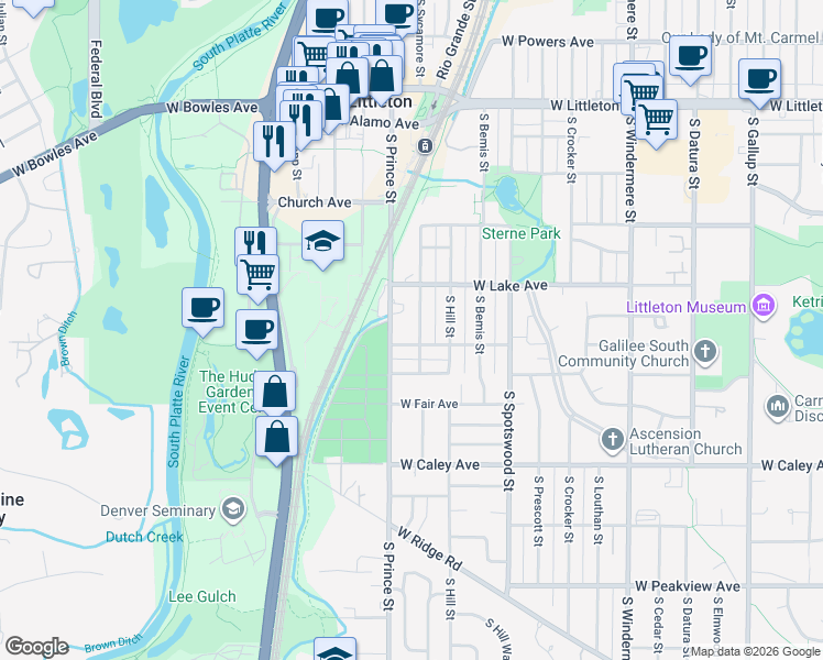 map of restaurants, bars, coffee shops, grocery stores, and more near 6096 1/2 South Sycamore Street in Littleton