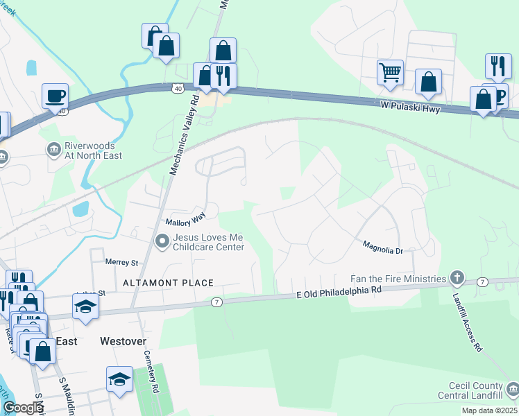 map of restaurants, bars, coffee shops, grocery stores, and more near 15 Tilia Drive in Elkton