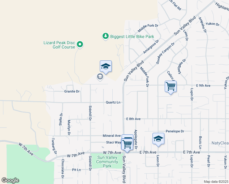 map of restaurants, bars, coffee shops, grocery stores, and more near 5815 Sundown Drive in Sun Valley