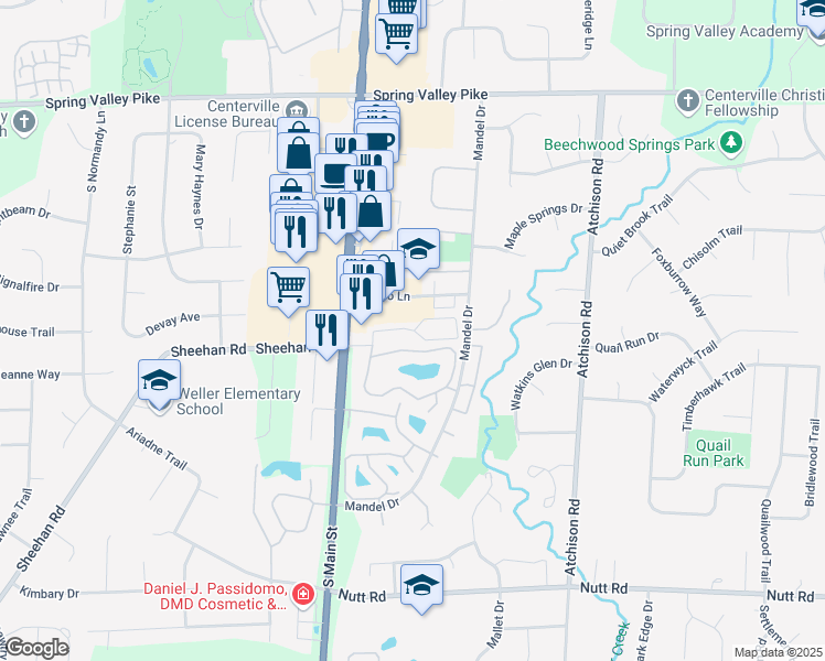 map of restaurants, bars, coffee shops, grocery stores, and more near 432 Jamestown Circle in Dayton