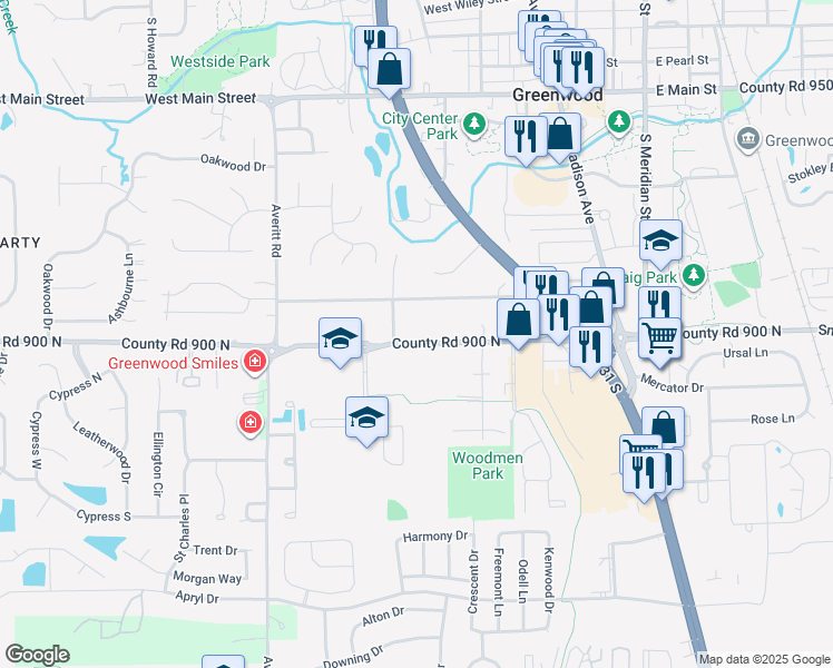 map of restaurants, bars, coffee shops, grocery stores, and more near 504 West Smith Valley Road in Greenwood