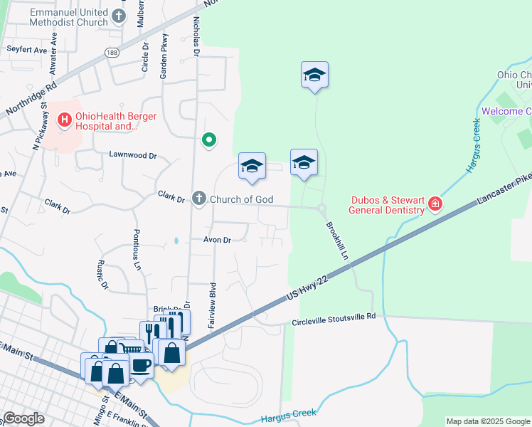map of restaurants, bars, coffee shops, grocery stores, and more near 391 Clark Drive in Circleville