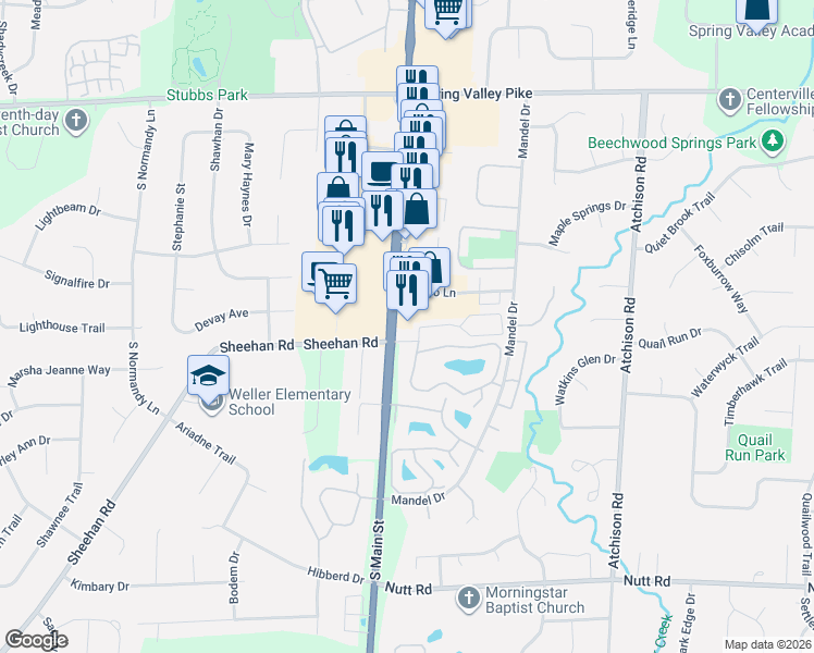 map of restaurants, bars, coffee shops, grocery stores, and more near 9496 South Main Street in Centerville
