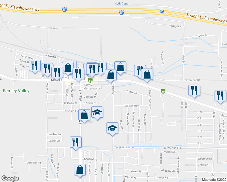 map of restaurants, bars, coffee shops, grocery stores, and more near 230 Cedar Street in Fernley