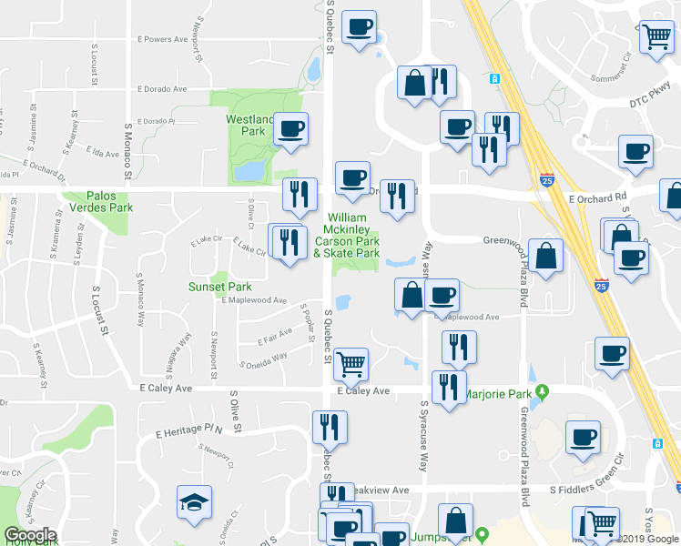 map of restaurants, bars, coffee shops, grocery stores, and more near 6000 South Quebec Street in Greenwood Village