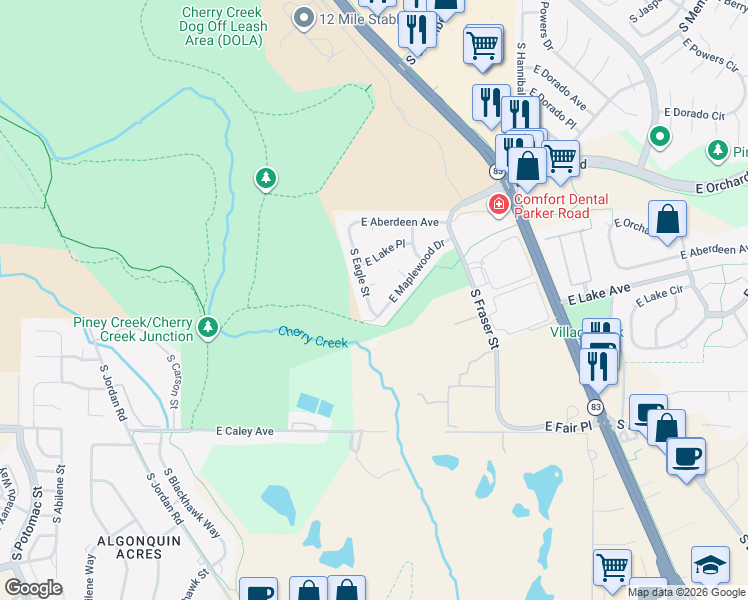 map of restaurants, bars, coffee shops, grocery stores, and more near 6074 South Eagle Street in Centennial