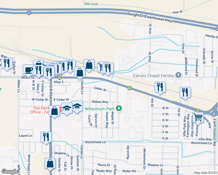 map of restaurants, bars, coffee shops, grocery stores, and more near 465 East Main Street in Fernley