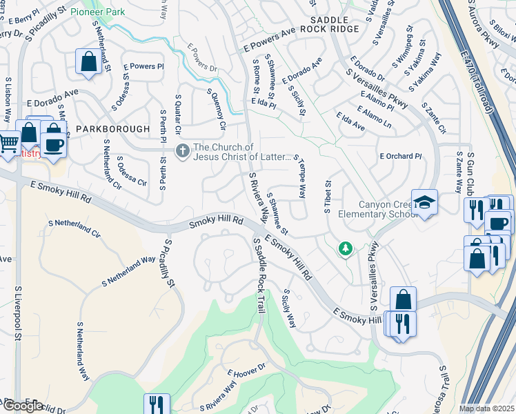 map of restaurants, bars, coffee shops, grocery stores, and more near in Aurora