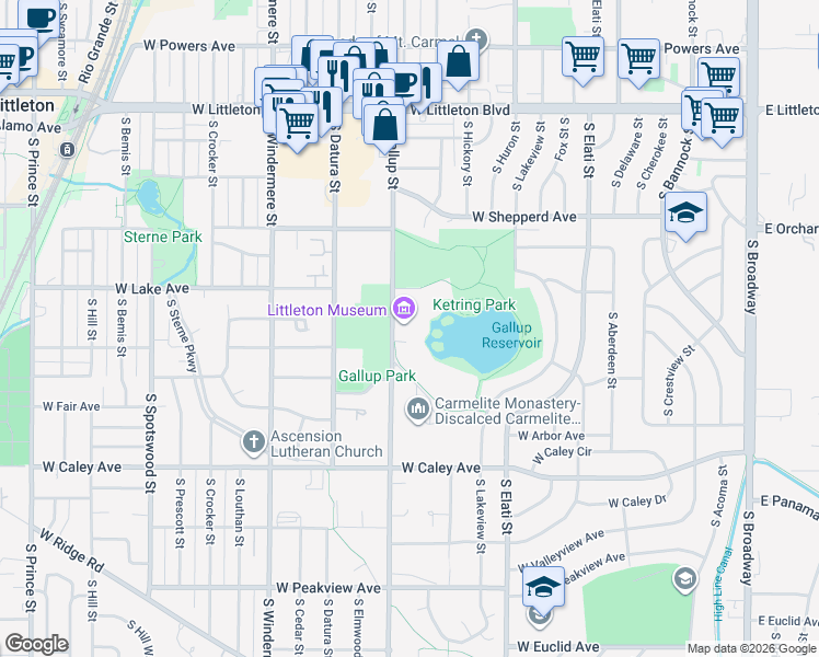 map of restaurants, bars, coffee shops, grocery stores, and more near 6028 South Gallup Street in Littleton