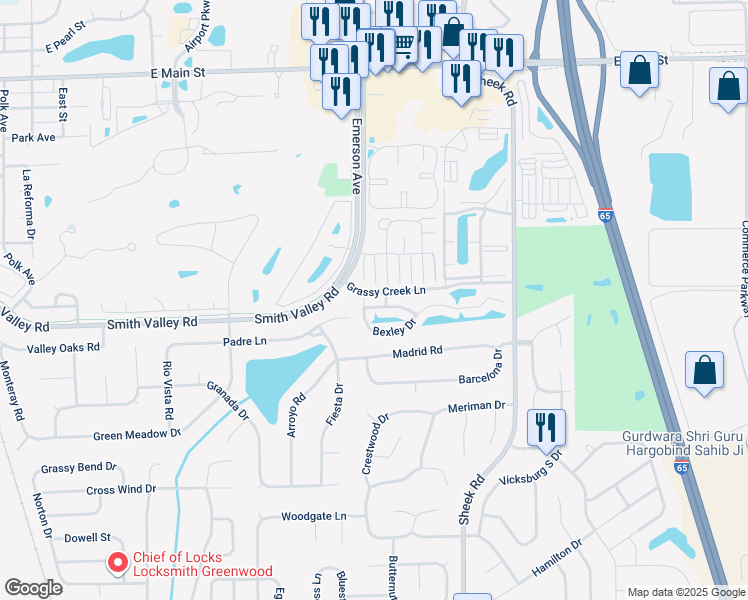 map of restaurants, bars, coffee shops, grocery stores, and more near 1024 Bexley Drive in Greenwood