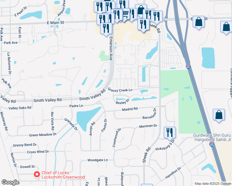 map of restaurants, bars, coffee shops, grocery stores, and more near 1024 Bexley Drive in Greenwood