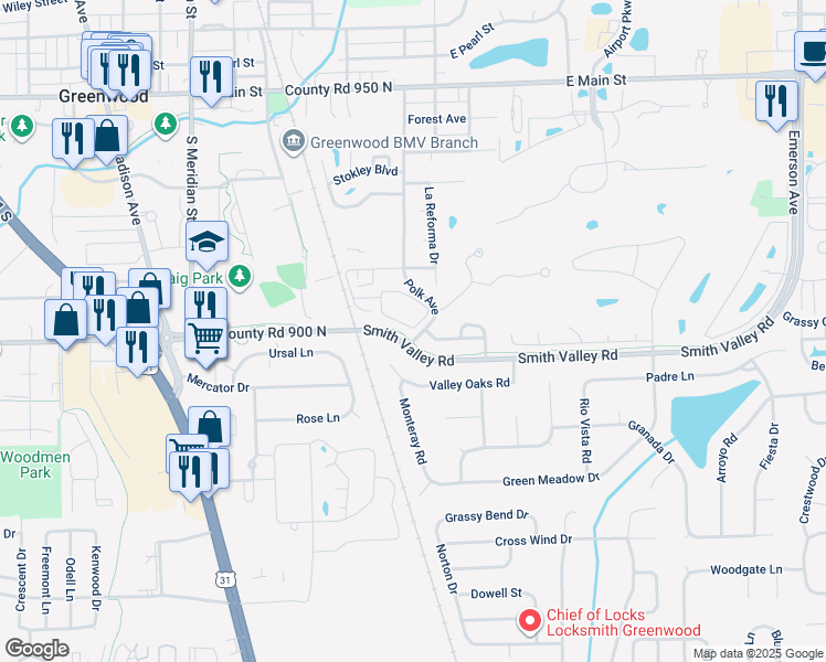 map of restaurants, bars, coffee shops, grocery stores, and more near 481 Monte Vista Drive in Greenwood