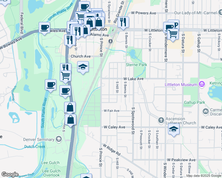 map of restaurants, bars, coffee shops, grocery stores, and more near 6066 South Sycamore Street in Littleton