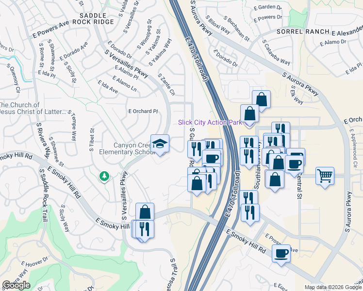 map of restaurants, bars, coffee shops, grocery stores, and more near 6043 South Zante Way in Aurora