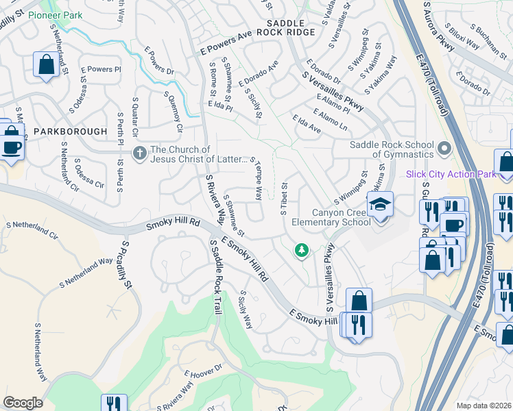 map of restaurants, bars, coffee shops, grocery stores, and more near 6093 South Tempe Way in Centennial