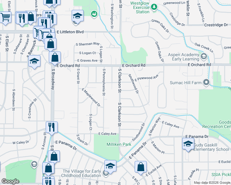 map of restaurants, bars, coffee shops, grocery stores, and more near 6195 South Clarkson Street in Centennial