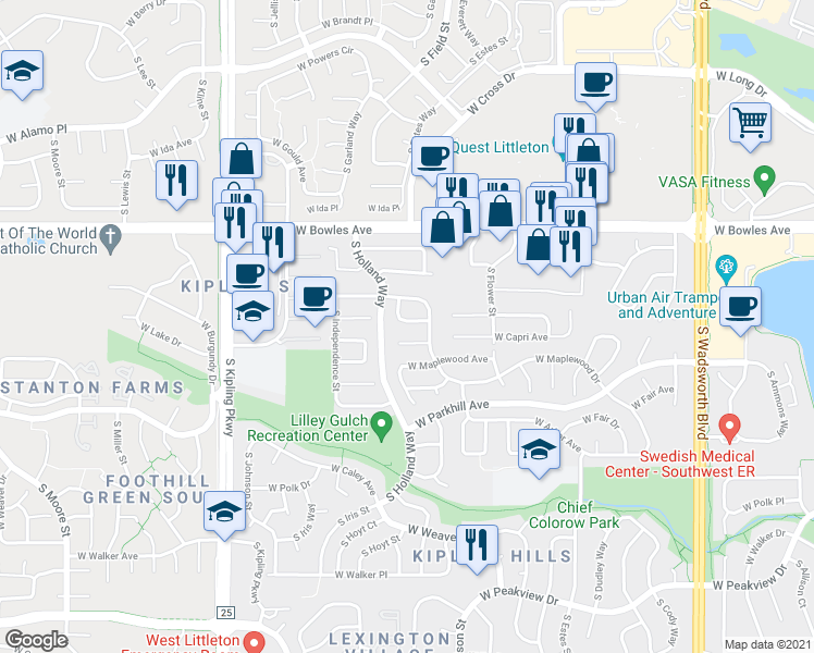 map of restaurants, bars, coffee shops, grocery stores, and more near 9364 West Capri Avenue in Littleton