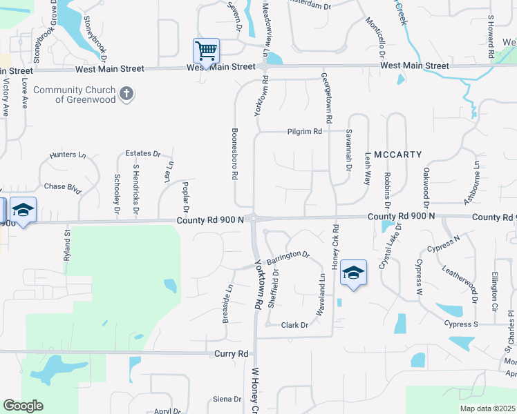 map of restaurants, bars, coffee shops, grocery stores, and more near 1208 Burr Oak Court in Greenwood
